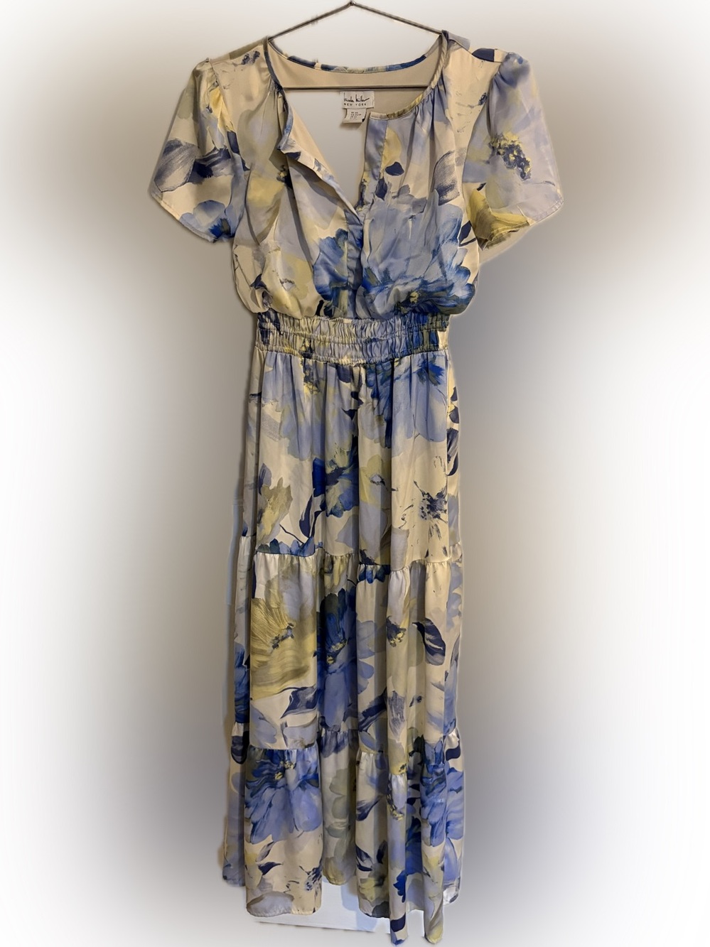 Nicole Miller Cream Maxi Dress with Blue and Yellow Floral Design